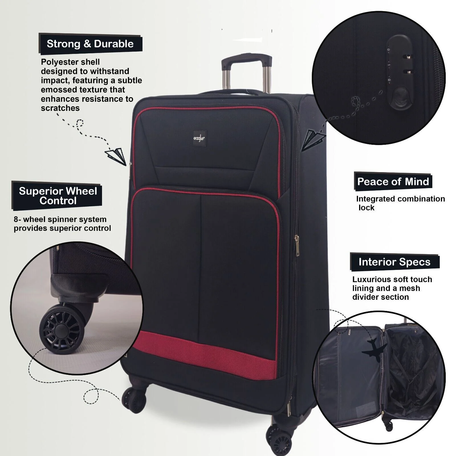 Andover Set of 3 Soft Shell Suitcase in Black - Image 3