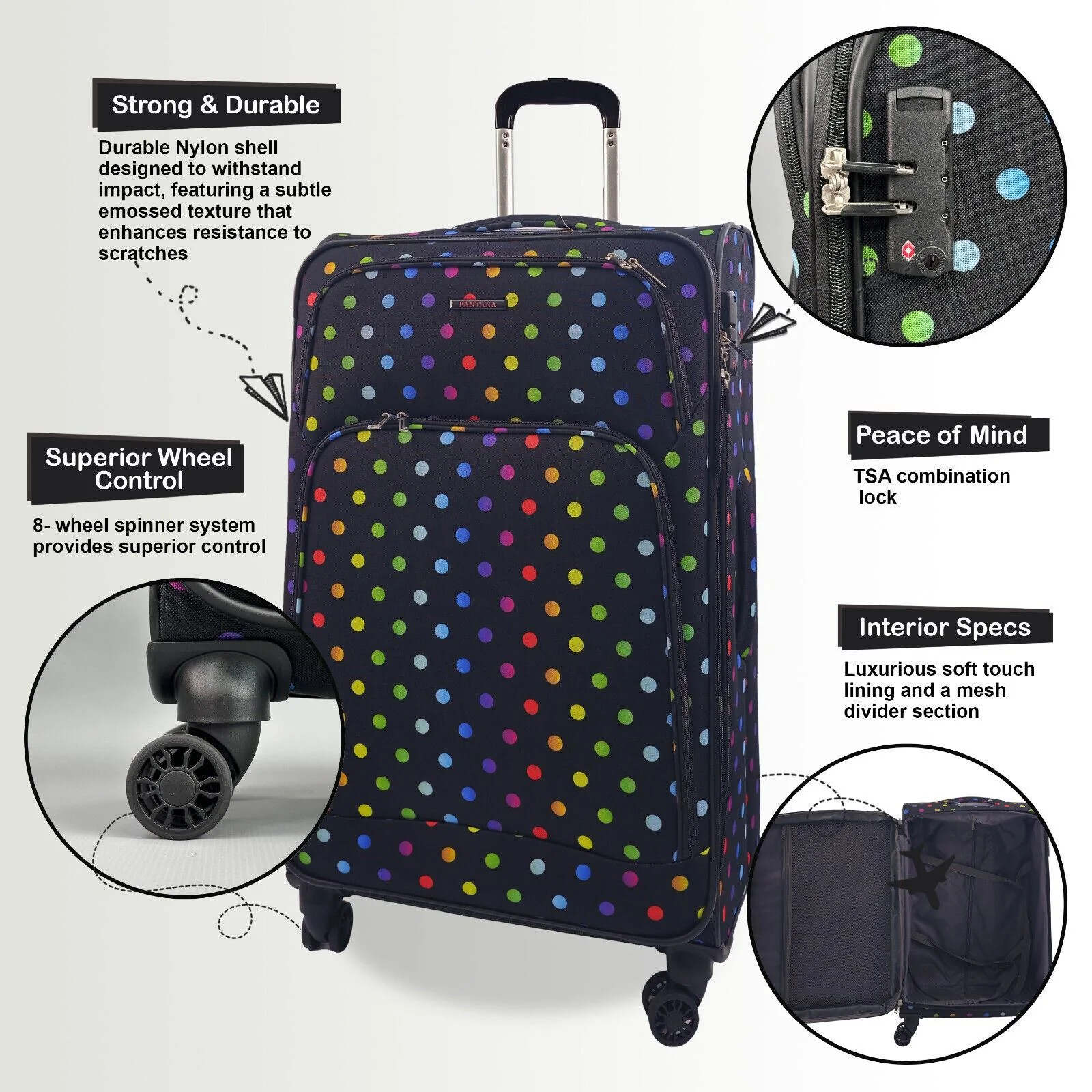 Ashbourne Medium Soft Shell Suitcase in Dots - Image 7