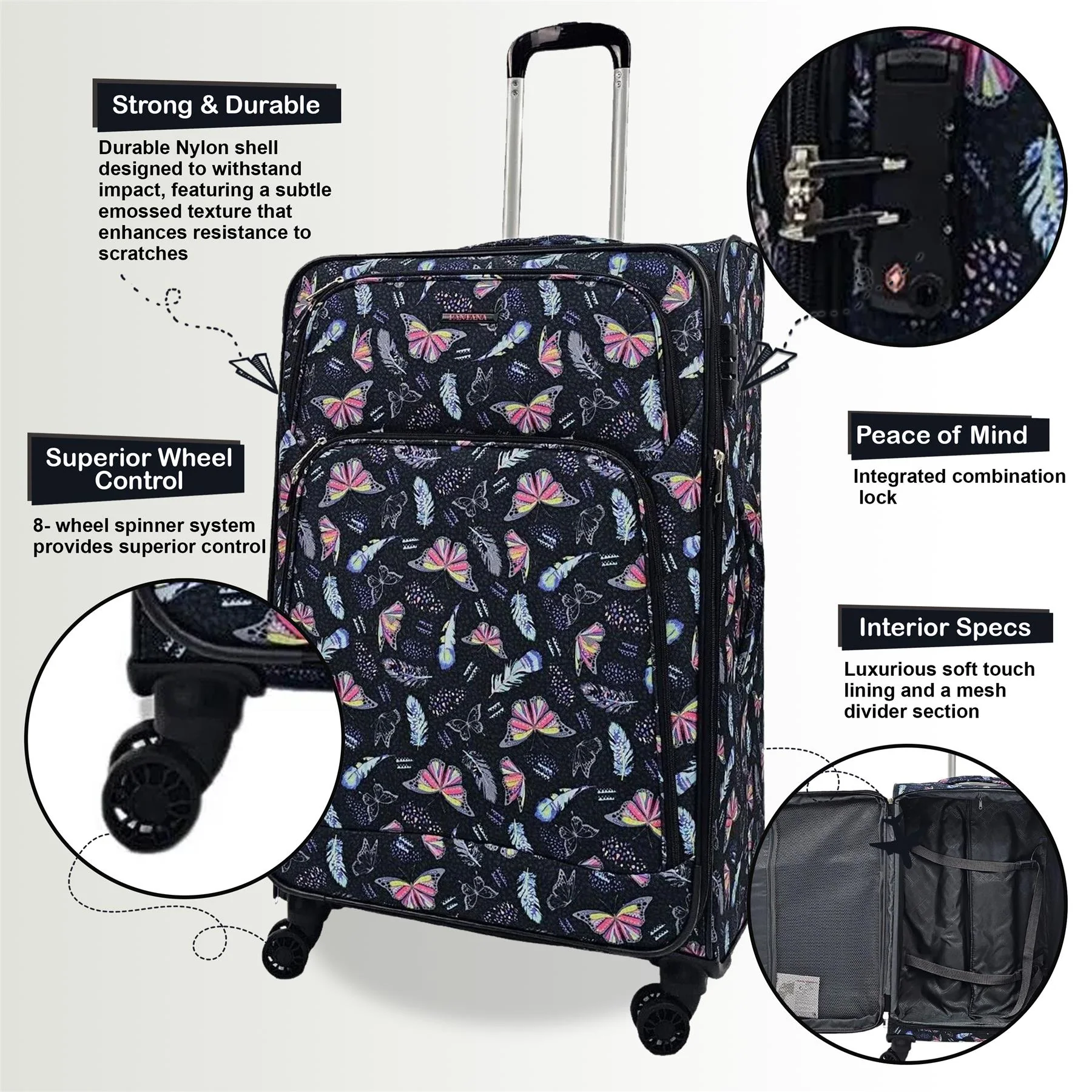 Ashbourne Set of 3 Soft Shell Suitcase in Butterfly - Image 3
