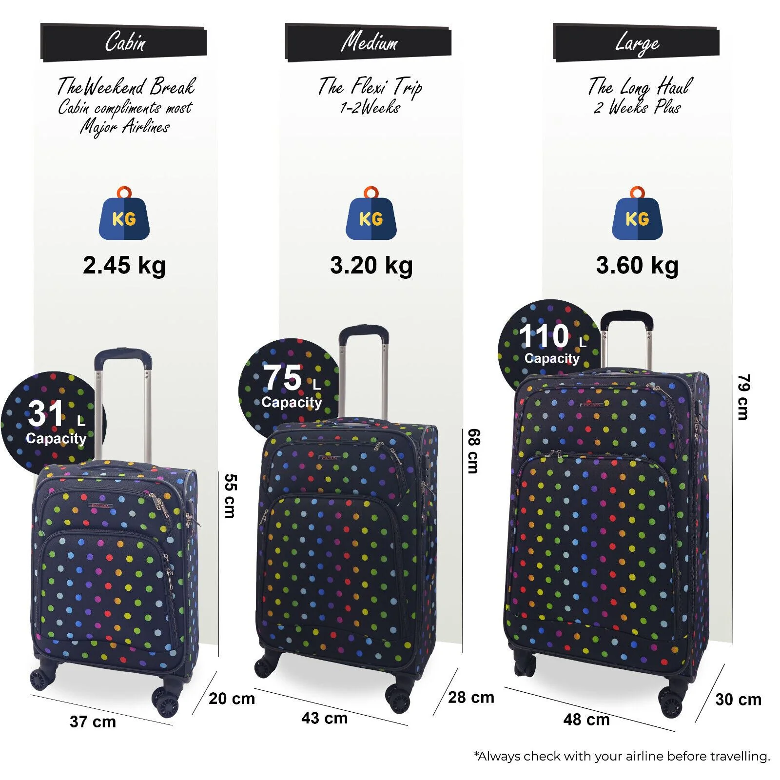 Ashbourne Set of 3 Soft Shell Suitcase in Dots - Image 3