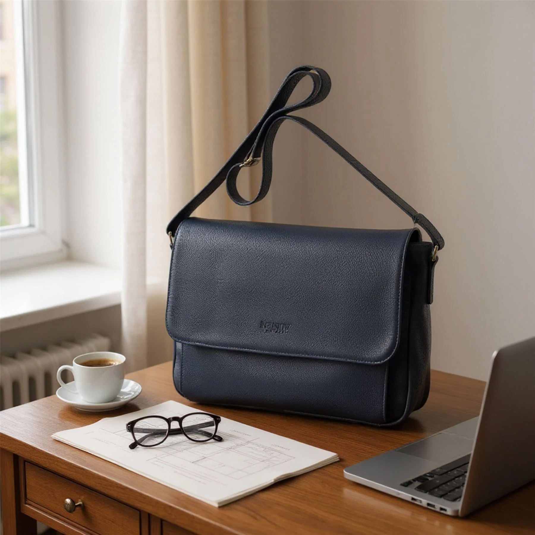 Genuine Leather Navy Laptop Bag Travel Work Messenger Satchel - Camden - Image 8