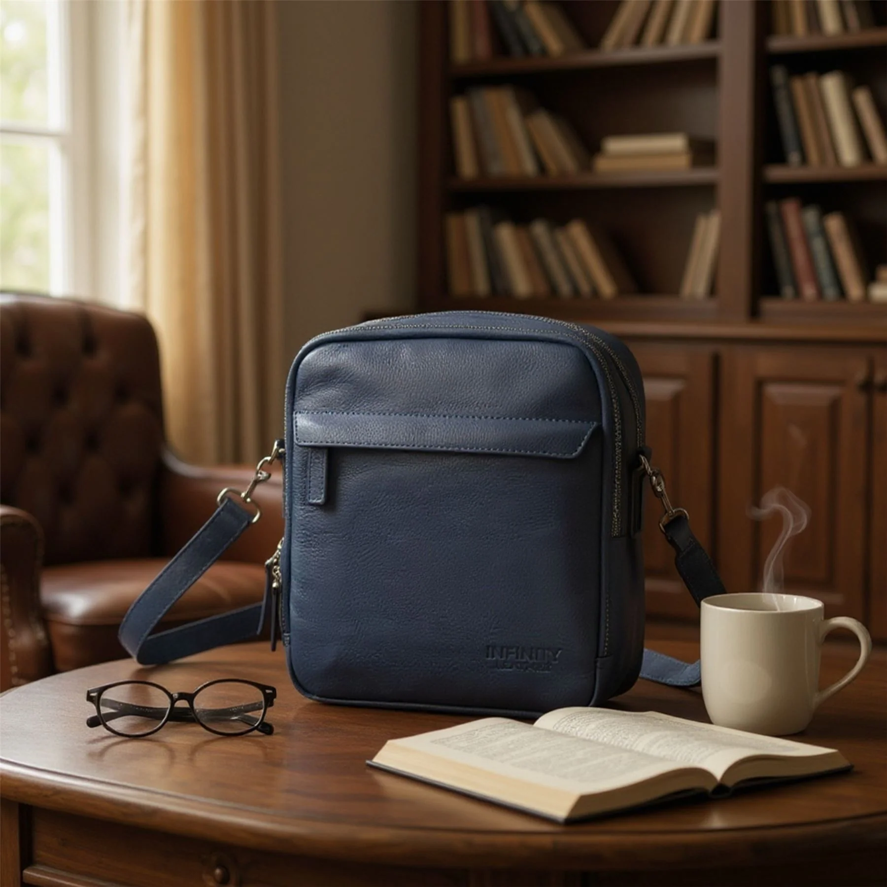 Genuine Leather Navy Vintage Messenger Crossbody Travel Bag - Hawthrone - Image 8