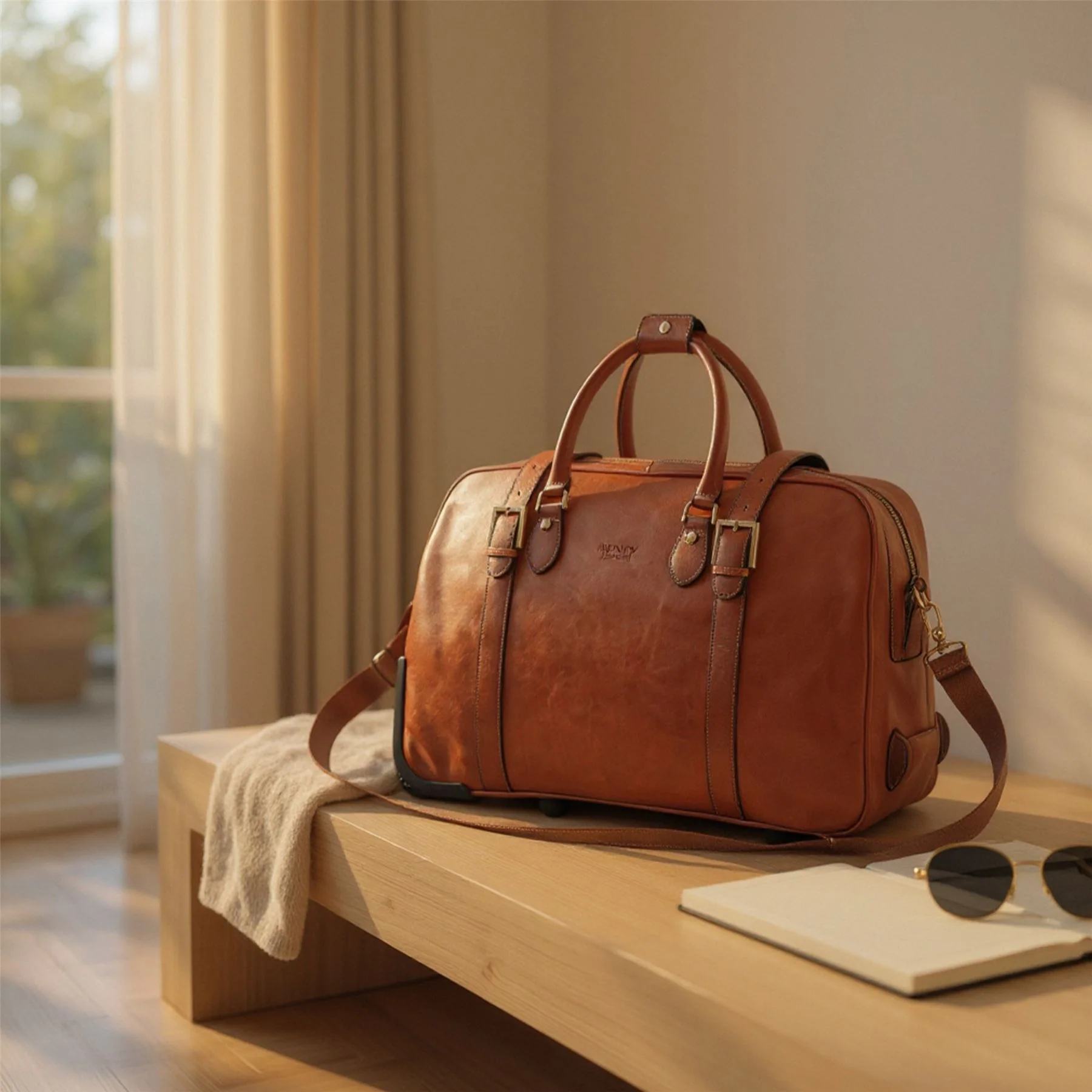 Genuine Leather Tan Wheeled Holdall Duffle Travel Cabin Bag - Holt - Image 7